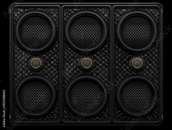 Fototapeta Stylish Black Audio Speaker Design with Three Round Grills and Textured Background