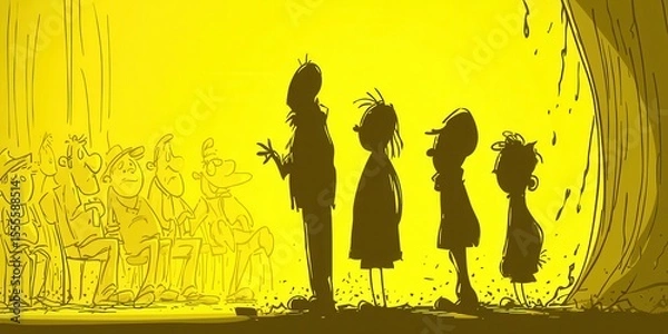 Fototapeta Silhouette of characters on stage with bright yellow backdrop during performance or presentation