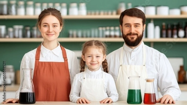 Fototapeta Family Team in Laboratory with Colorful Glassware and Science Equipment Smiling Happy Together