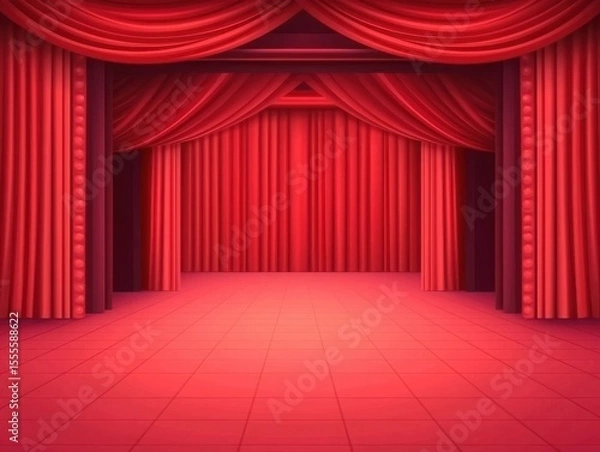 Fototapeta Vibrant Red Theater Stage with Elegant Curtains for Dramatic Performances and Events