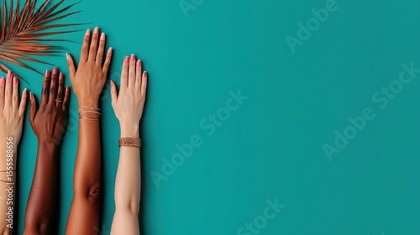 Fototapeta Diverse Hands Raised Against a Bright Turquoise Background with Leaf Accents and Vibrant Nails