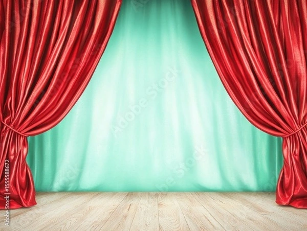 Fototapeta Red Velvet Curtains Open to Reveal a Soft Mint Background in a Theater Stage Setting