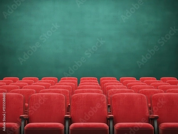Fototapeta Empty Red Theater Seats Facing Blank Green Wall in an Indoor Venue