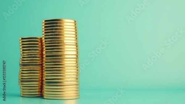Fototapeta Stacks of Bitcoin Coins on a Vibrant Background Reflecting Financial Growth and Prosperity