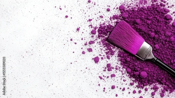Fototapeta Vibrant Purple Powder and Brush on White Background for Creative Projects and Artistry