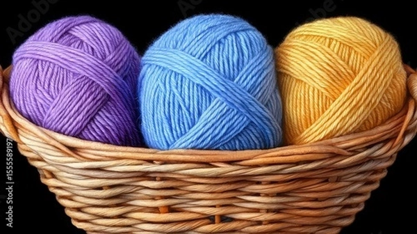 Fototapeta Colorful Yarn Balls in a Woven Basket Perfect for Crafting and Knitting Projects