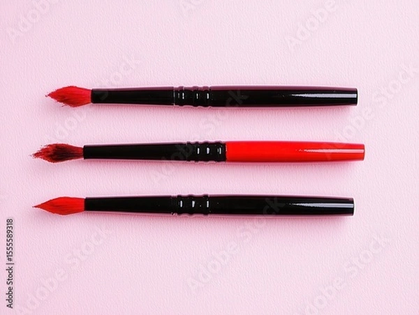 Fototapeta Selection of Red Brushes on Soft Pink Background for Art and Craft Projects