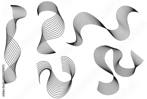 Fototapeta Set of Shapes Made of Curved Lines, Abstract Shapes Set, Stripes Shapes, Flow Wavy Lines, Black, Vector