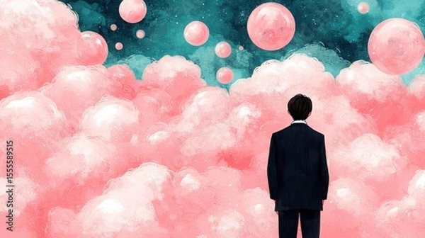 Fototapeta Surreal Dreamscape with Figure in Suit Surrounded by Pink Clouds and Floating Bubbles