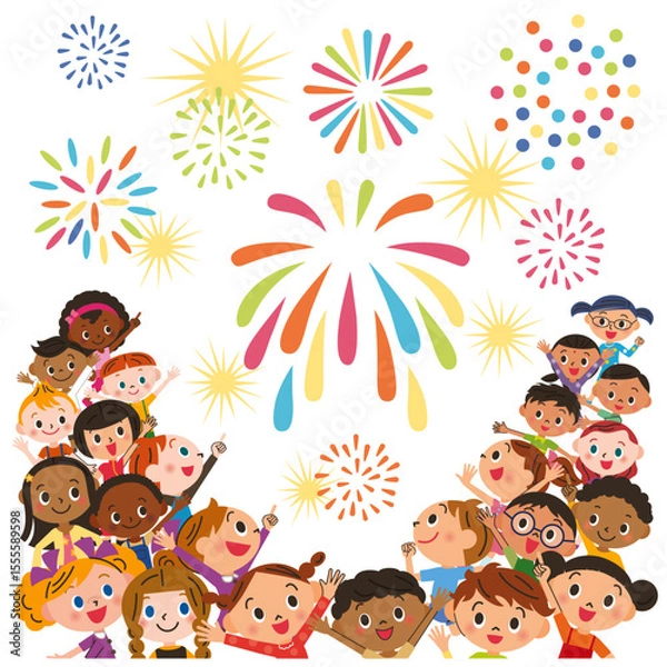 Obraz 夏の大輪の花火を見上げる子供達