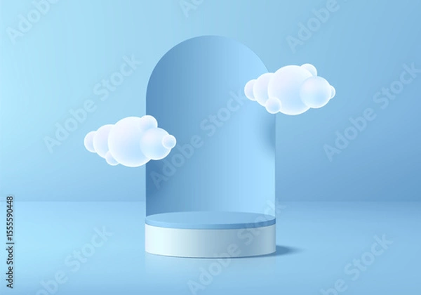 Obraz Blue round podium 3D background with arch backdrop and floating cloud. Abstract composition in minimalist design. 3D studio display showroom product pedestal, Fashion stage showcases mockup wall scene