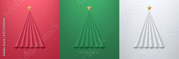 Obraz Set of merry christmas tree on red, green and white in paper cut background. Elements of new year day festival for card, cover. Top view scene for product display. Simple flat design in minimal design
