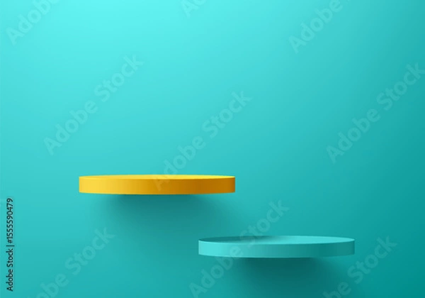 Obraz 3D yellow and green podium set floating on the wall background. Abstract geometric composition in minimalist design. 3D studio display showroom product pedestal, Fashion stage showcases mockup scene.