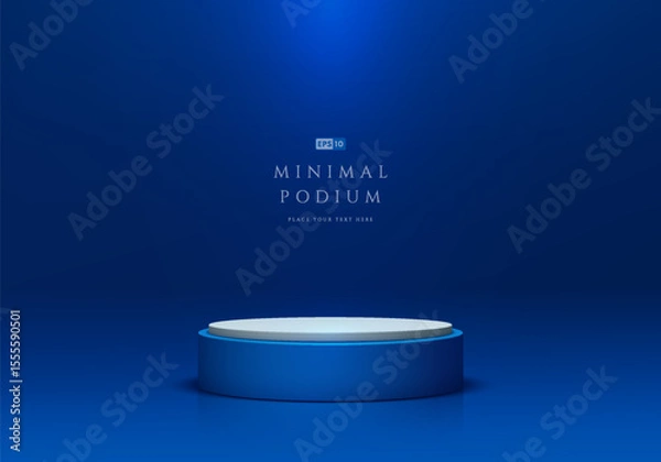 Obraz Blue round podium 3D background with ceiling lighting on the wall. Abstract composition in minimalist design. 3D Studio display showroom stands product pedestal, Fashion stage showcases mockup scene