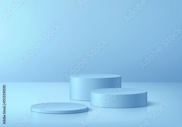 Obraz 3D blue podium set background in empty clean room empty space. Abstract composition in minimalist design. Studio display showroom cosmetic product pedestal, Fashion stage showcase mockup scene.