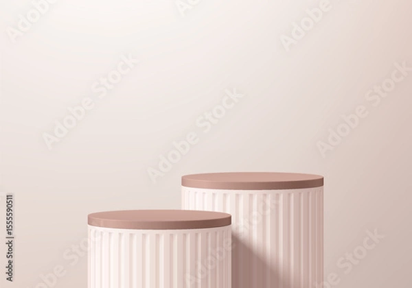 Obraz 3D cream round podium background with natural lighting on the wall. Abstract geometric composition in minimalist design. Studio display showroom product pedestal, Fashion stage showcase mockup scene.