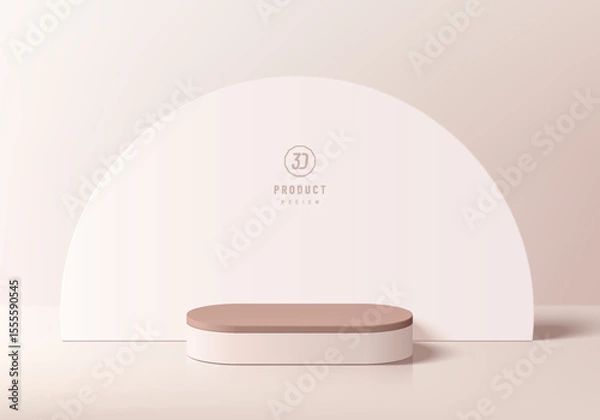 Obraz 3D pink gold round podium background with semi-circle backdrop. Abstract geometric composition minimalist design. 3D Studio display showroom product pedestal, Fashion stage showcase mockup wall scene.