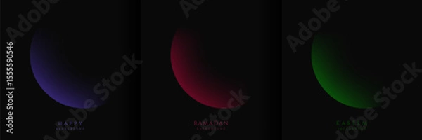 Obraz Set of Ramadan Kareem on dark background. Moon in paper cut style on blue, dark red, dark green. Islamic greeting card template with Eid al Adha Mubarak for wallpaper, Poster, Media banner, card.