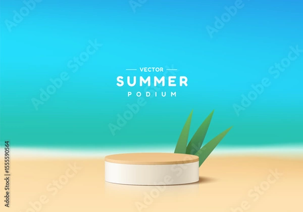 Obraz Round podium 3D summer background with beach scenery, summer decorations. Abstract composition in minimalist design. 3D studio display showroom product pedestal, Fashion stage showcase mockup scene.