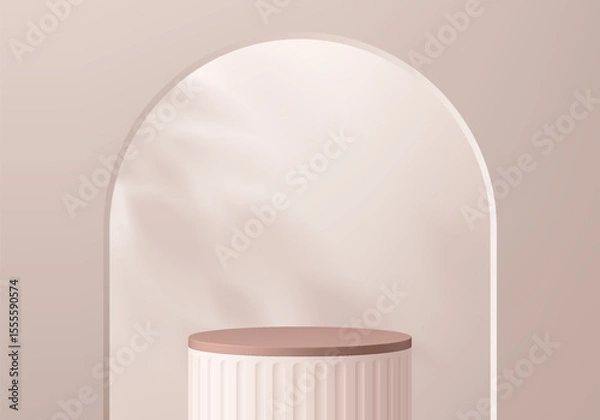 Obraz 3D pink gold round podium background in arch gate with natural lighting. Abstract geometric composition minimalist design. Studio display showroom product pedestal, Fashion stage showcase mockup scene