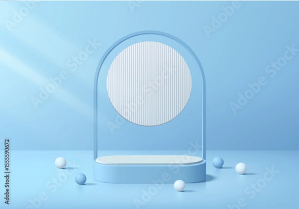 Obraz Blue round podium 3D background with circle backdrop and arch frame. Abstract composition minimalist design. 3D Studio display showroom cosmetic product pedestal, Fashion stage showcases mockup scene.