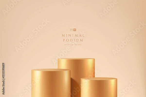 Obraz Golden round podium 3d background in empty room space in luxury style. Abstract geometric composition minimalist design. Studio display showroom product pedestal, Fashion stage showcases mockup scene.