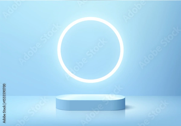 Obraz Light blue round podium 3D background with glowing neon circle backdrop. Abstract composition minimalist design. Studio display showroom cosmetic product pedestal, Fashion stage showcases mockup scene