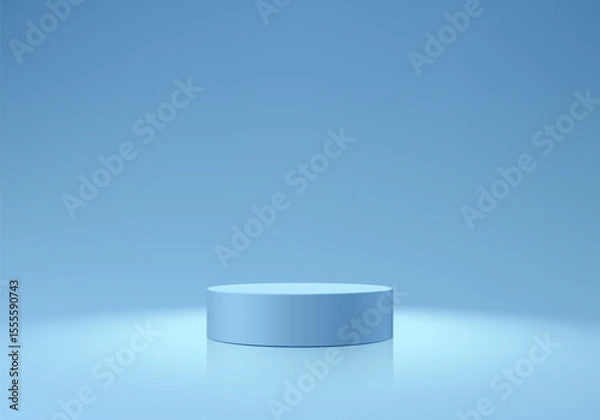 Obraz Light Blue podium 3D background with glow ceiling lighting on the wall. Abstract composition minimalist design. Studio display showroom cosmetic product pedestal, Fashion stage showcase mockup scene.