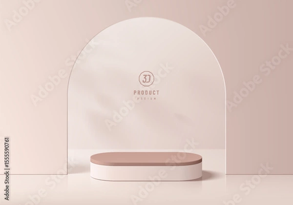 Obraz 3D pink gold podium background in arch gate with natural light behind. Abstract geometric composition minimalist design. Studio display showroom product pedestal, Fashion stage showcases mockup scene.