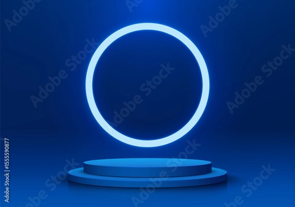 Obraz Blue round podium 3D background with circle ring neon lighting on wall. Abstract composition in minimalist design. Studio display showroom stands product pedestal, Fashion stage showcases mockup scene