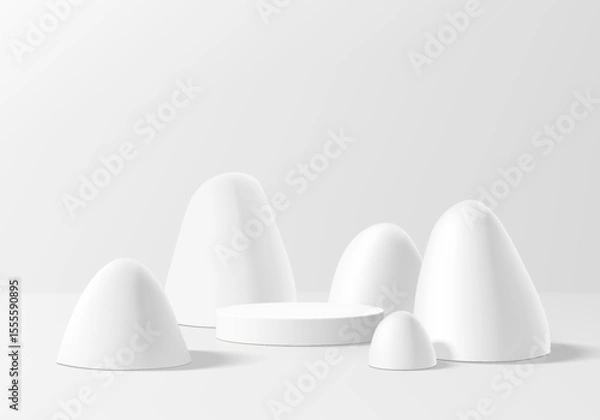 Obraz 3D white round podium background with many gray stones behind. Abstract geometric composition in minimalist design. 3D studio display showroom product pedestal, Fashion stage showcases mockup scene.