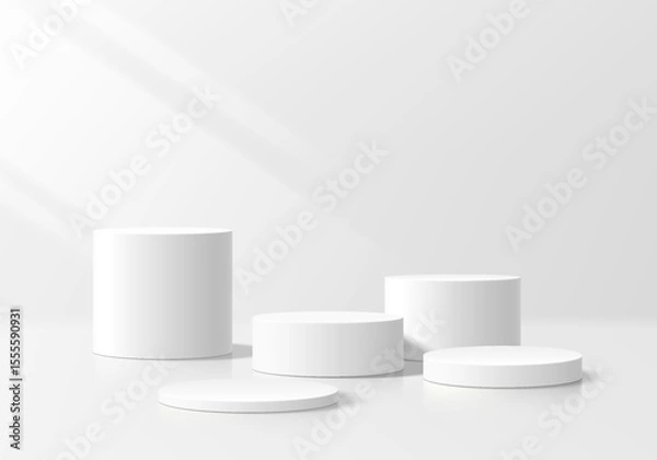 Obraz 3D white round podium set background with light and shadow. Abstract geometric composition in minimalist design. 3D studio display showroom product pedestal, Fashion stage showcase mockup scene.