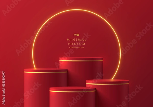 Obraz 3D background with set of dark red round product podium with glow golden ring neon lighting. Abstract composition in minimalist design. Platforms mockup product display presentation. Stage showcase.