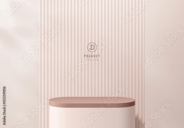 Obraz 3D pink gold round podium background with serrated pattern background. Abstract geometric composition minimalist design. Studio display showroom product pedestal, Fashion stage showcases mockup scene.