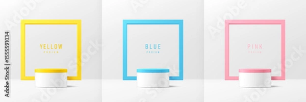 Obraz Set of 3D white product podium with blue, pink, yellow square frames backdrop. Abstract geometric composition in minimal design. Studio showroom product pedestal, Fashion stage showcases mockup scene.