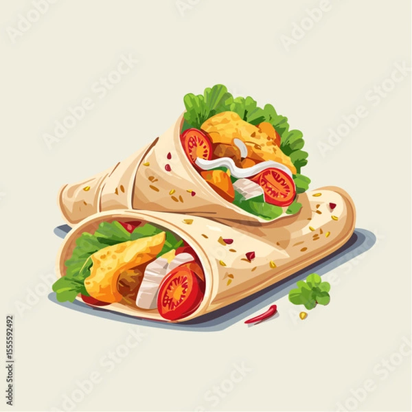Fototapeta Savory illustration of two fresh chicken tortilla wraps with lettuce and tomato. A delicious concept for quick street food or a takeaway meal.