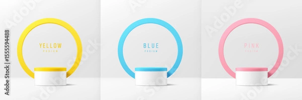 Obraz Set of 3D white product podium with blue, pink, yellow color circles backdrop. Abstract geometric composition in minimal design. Studio showroom product pedestal, Fashion stage showcases mockup scene.