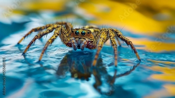 Fototapeta Detailed macro of a small jumping spider with big blue eyes, reflected on a colorful surface, showing its fascinating features.