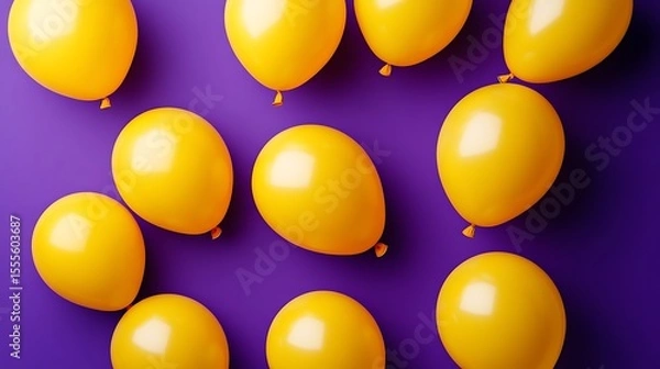 Fototapeta Bright yellow balloons float against a vibrant purple backdrop, creating a festive and cheerful party atmosphere