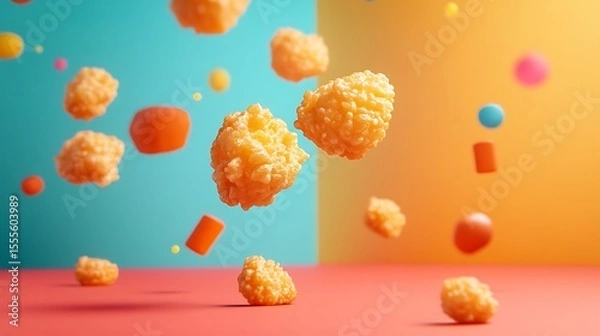 Fototapeta Tasty popcorn chicken pieces levitate against a playful background in a vibrant and inviting food still life.