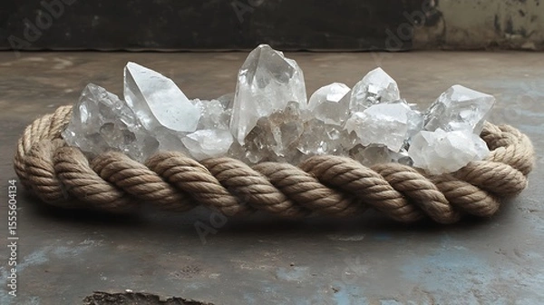 Fototapeta Crystal quartz gems are displayed beautifully on a braided natural rope, showcasing a rustic and elegant aesthetic still life.