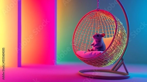 Fototapeta Captivating portrayal showcases a cute mouse comfortably sitting in a stylish hanging chair against a vibrant gradient background.