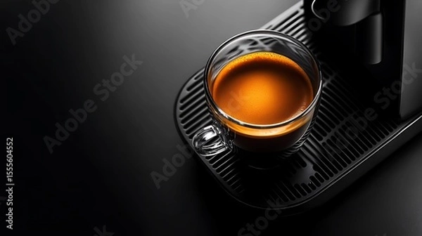 Fototapeta Fresh espresso awaits in a clear glass, set on a modern black machine with dark background.