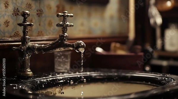 Fototapeta Vintage faucet with water droplet in a classic bathroom setting showcases antique design and nostalgic charm.