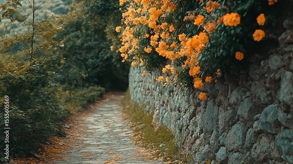 Fototapeta Serene cobblestone path edges a stone wall adorned with bright orange flowers in a lush, green outdoor setting.