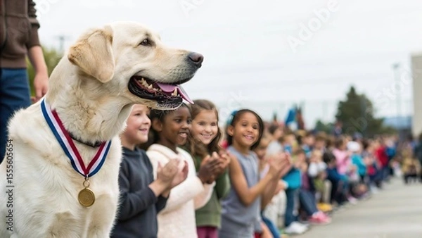 Fototapeta A proud service dog wearing a mock Medal of Freedom, honoring loyalty and courage in a humorous yet heartfelt tribute on July Fourth celebration