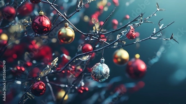 Fototapeta Festive holiday scene featuring sparkling red and gold Christmas ornaments hanging on branches with a cool teal background, creating a magical atmosphere.