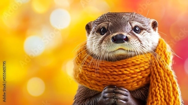 Fototapeta Adorable otter portrait wearing a cozy orange scarf against a soft, bokeh autumn background showcasing its cute and expressive face.