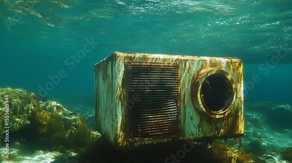 Fototapeta Submerged television set rests on ocean floor, an unusual underwater scene showcasing decay and marine environment.