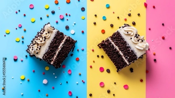 Fototapeta Indulge in a delightful chocolate cake slice, decorated with sprinkles on colorful backgrounds, perfect for celebrations and sweet moments.